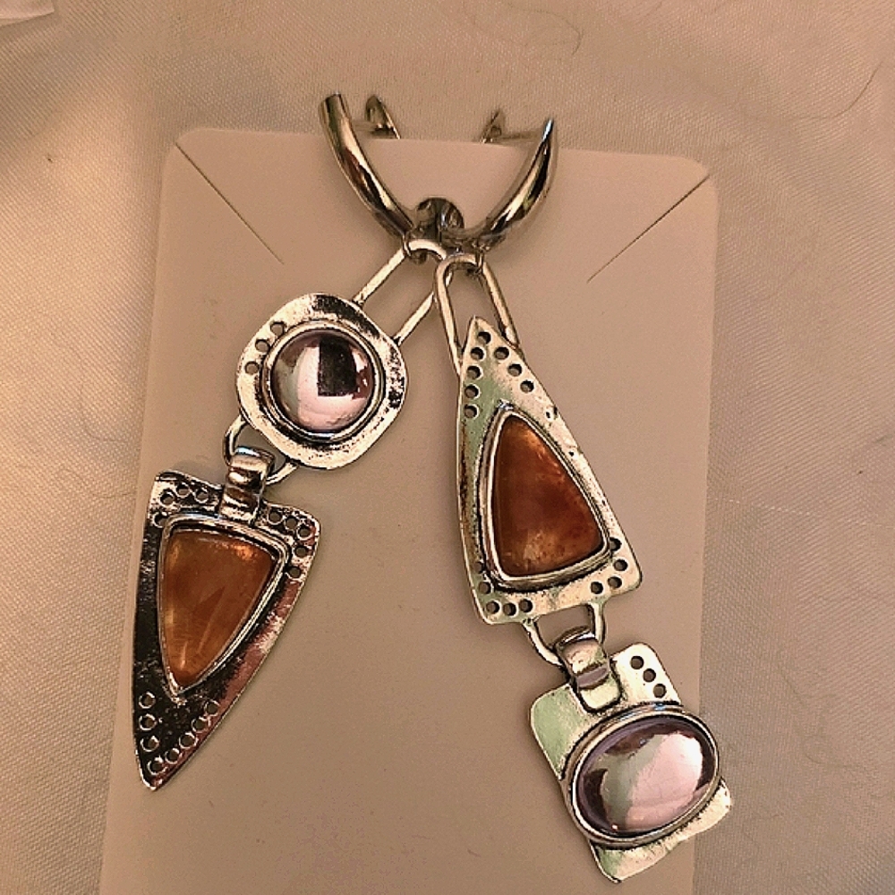 Silver Dangling Earrings with Orange & Purple Gemstones